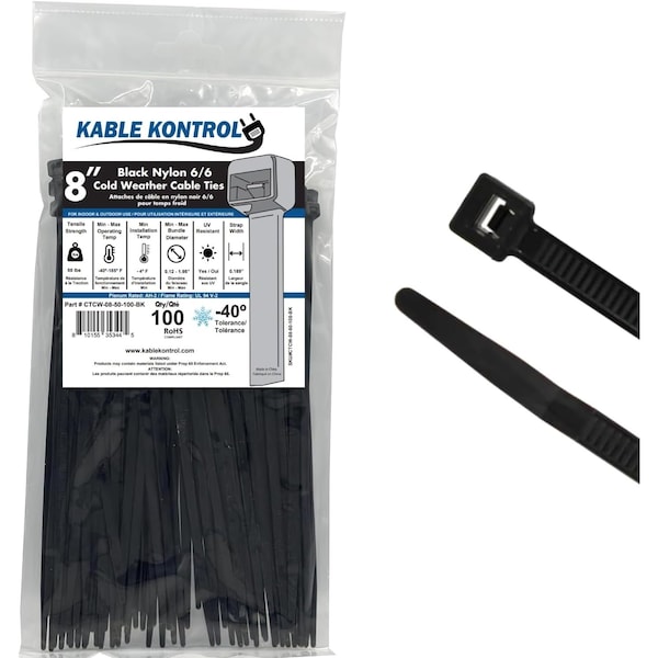Kable Kontrol Cold Weather Cable Zip Ties, 8 in L, 1.875 in Max Bundle Dia., Black, Nylon 6-6 - UV Resistant CTCW-08-50-100-BK - main