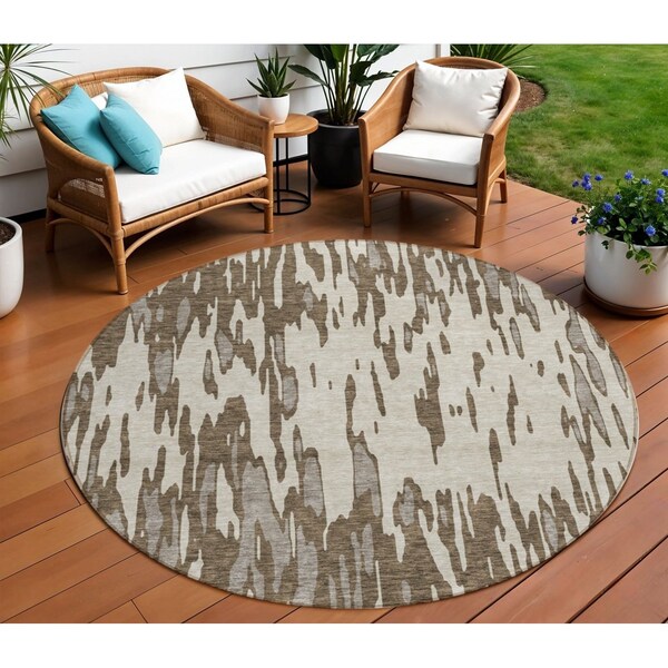 Homeroots 8' Brown And Ivory Round Abstract Washable Indoor Outdoor Area Rug 612643 - main