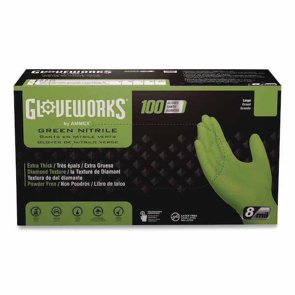 Gloveworks By Ammex Heavy-Duty Industrial Nitrile Gloves, Powder-Free, XX-Large, 8 mil Thick, 9.5" Long, Green, 1000PK GWGN49100CT - main