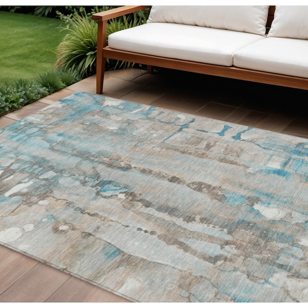 Homeroots 8' X 10' Teal Blue And Ivory Abstract Washable Indoor Outdoor Area Rug 632146 - main