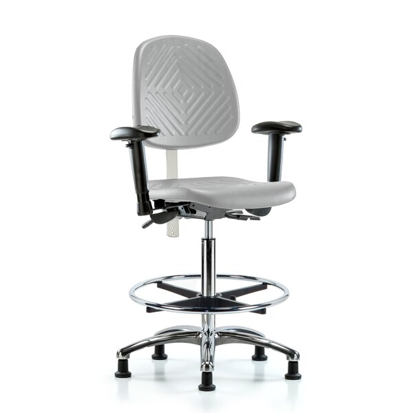Blue Ridge Ergonomics CL100CleanRoom Chair-High Bench Ht with Med Back, Adj Arms, Chrome Foot Ring, &Stat Glides in Gray Poly NCR-PHBCH-MB-CR-T0-A1-CF-RG-GRY - main