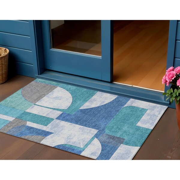 Homeroots 3' X 5' Teal Blue And Ivory Geometric Washable Indoor Outdoor Area Rug 617926 - main