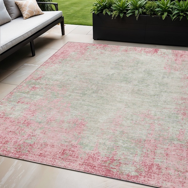 Homeroots 5' X 8' Pink And Ivory Abstract Washable Indoor Outdoor Area Rug 612347 - main