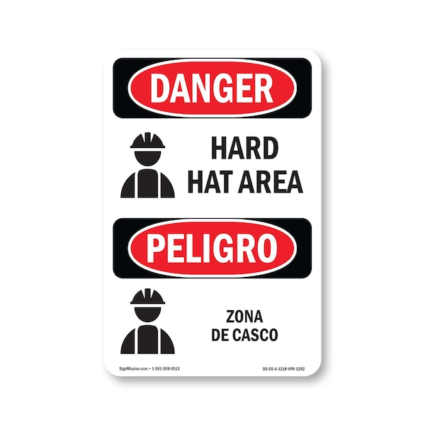 Signmission OSHA Danger Sign, Hard Hat Area Bilingual, 18in X 12in Aluminum, OS-DS-A-1218-VPR-1292 OS-DS-A-1218-VPR-1292 - main