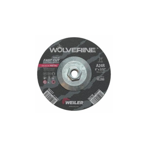Weiler Wolverine Cutting Wheel, A24R, 6 in dia, 3/32 in Thick, 5/8 in in-11 UNC AH, 24 Grit, Type 27, 10PK 804-56278 - main