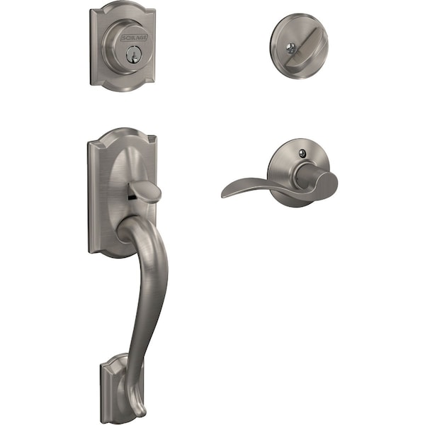 Schlage Camelot Satin Nickel Handleset with Single Cylinder Deadbolt & Accent Lever Left Handed F60CAM619ACCLH - main