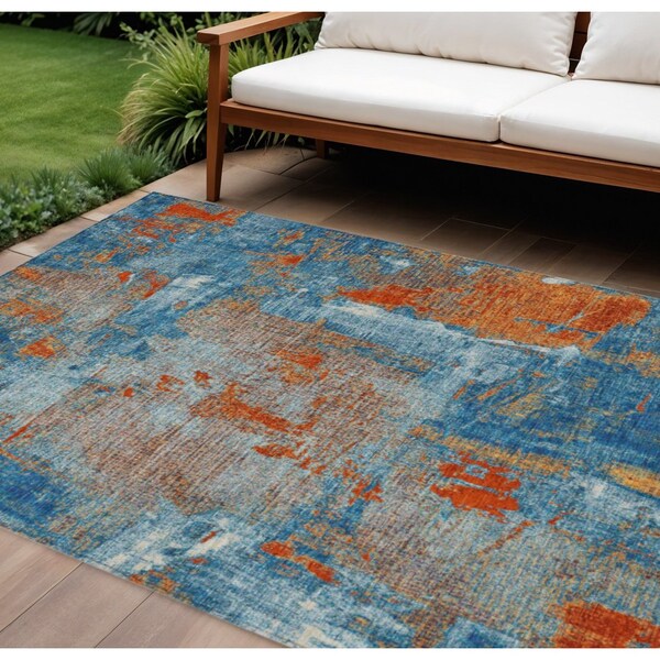 Homeroots 9' X 12' Navy Blue Orange And Ivory Abstract Washable Indoor Outdoor Area Rug 596882 - main