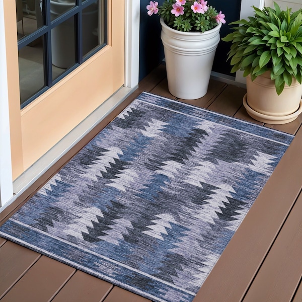 Homeroots 3' X 5' Navy Blue And Sky Blue Southwestern Washable Indoor Outdoor Area Rug 587332 - main