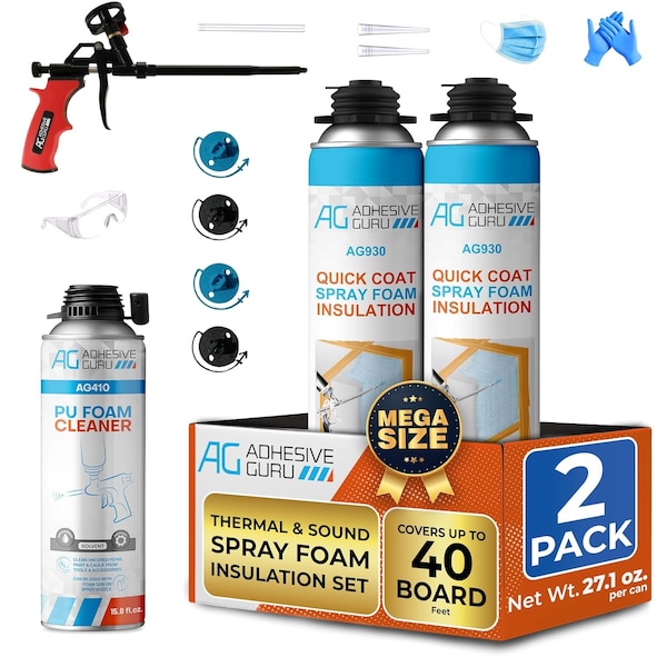 Adhesive Guru AG930S Insulation Foam Set, 2 Pack Spray Foam 32.8 oz. & 1 Foam Dispensing Gun & 1 Foam Cleaner adgr_AG930S_InsFoamSet_2pk
