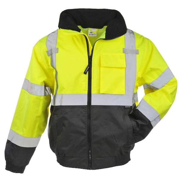 J. J. Keller & Associates High Visibility Bomber Jacket, ANSI Class 3, Full-Zip, Vertical Reflective Tape, Lime, 3XL 59343 - main