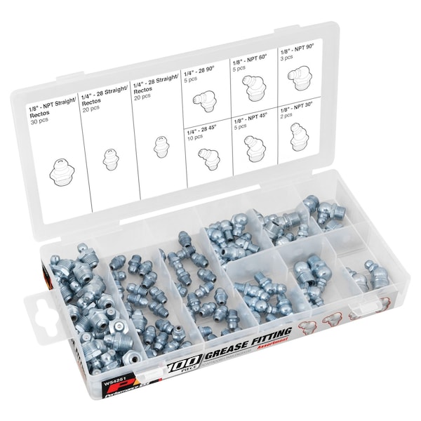 Performance Tool 100 pc. Grease Fitting Assortment, Straight, 45°, 60°, 90° W54251 - main