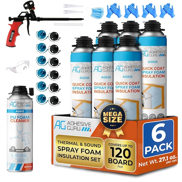 Adhesive Guru AG930S Insulation Foam Set, 6 Pack Spray Foam 32.8 oz. & 1 Foam Dispensing Gun & 1 Foam Cleaner adgr_AG930S_InsFoamSet_6pk - main