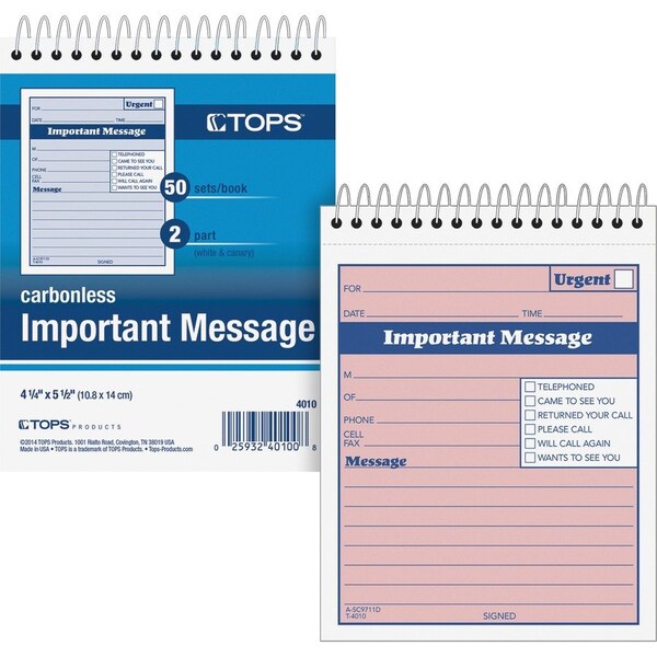 Tops Phone Message Book-Top Spiral 2-part carbonless 1 per PG 50 ST per BK 4010 - main
