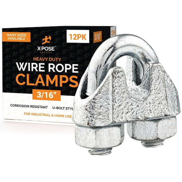 Xpose Safety Wire Rope Clamp for Stainless Steel 3/16in Galvanized U Bolt Cable Clips, 12PK GCC316-12-X-S - main