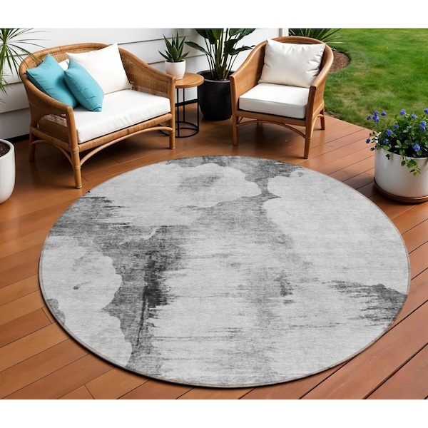 Homeroots 8' Gray Silver And Charcoal Round Abstract Washable Indoor Outdoor Area Rug 582670 - main