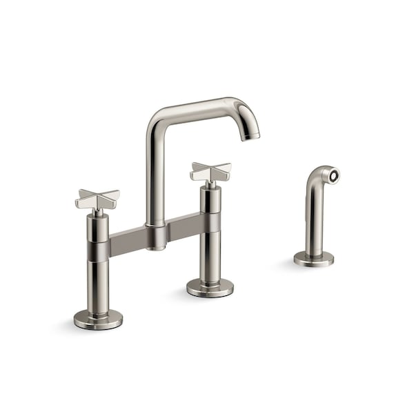 Kohler Billet Two-hole bridge kitchen sink faucet with side sprayer 28665-3-SN - main