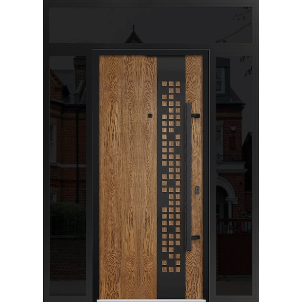 Vdomdoors Steel Door Deux 6678 Natural Oak 2 Sidelight and Transom Window Sidelite Entry Door Painted W14+36+ DEUX6678EXD-OAK-W14+36+14 x H80+16-LH-I - main