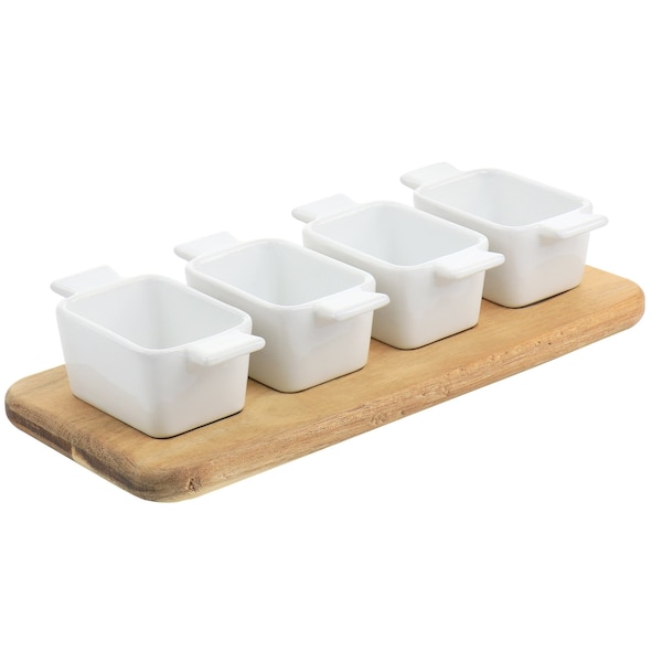 Gibson Elite Gracious Dining 5 Piece Fine Ceramic Tidbit Dish Set with Acacia Wood Base 127271.05 - main