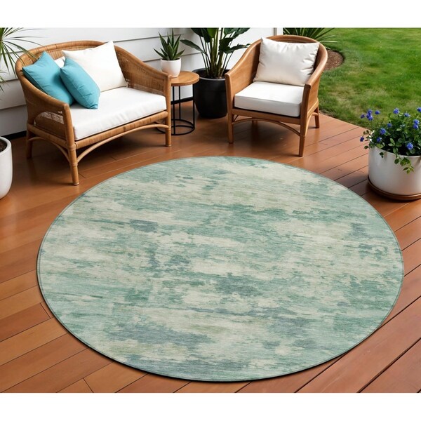 Homeroots 8' Teal Blue Linen And Pale Aqua Round Abstract Washable Indoor Outdoor Area Rug 630911 - main