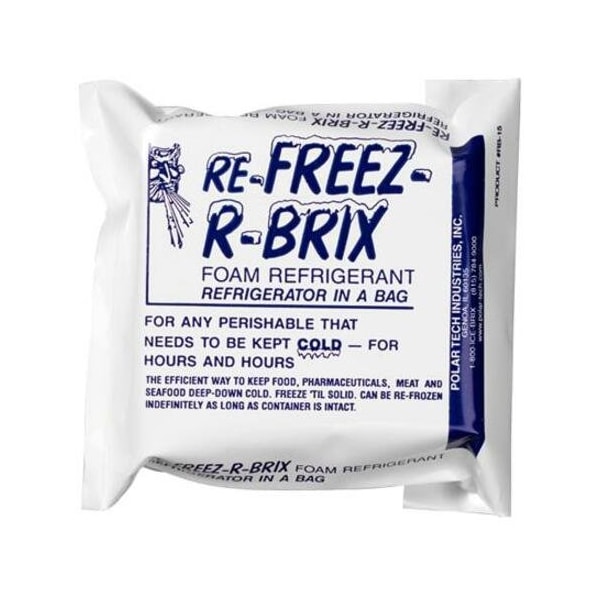 The Packaging Wholesalers Re-Freez-R-Brix Cold Bricks, 15 Oz., 4-1/2"L x 4"W x 1-1/2"H, White/Blue, 24/Pack RB15 - main