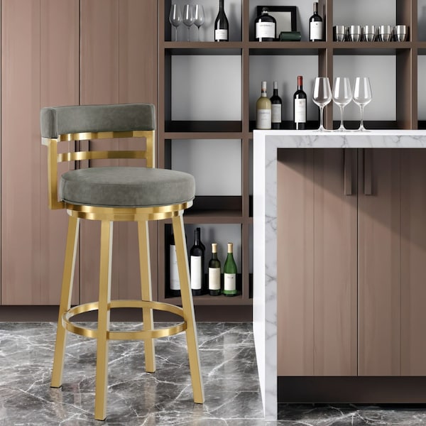 Homeroots 30" Gray and Gold Faux Leather and Stainless Steel Low Back Bar Height Swivel Bar Chair 569171 - main