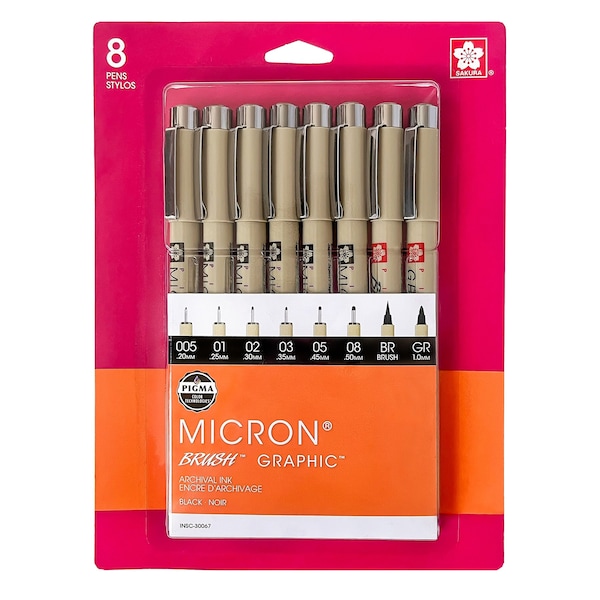 Sakura Pigma Micron Pens, Black, Assorted Sizes, 8-Piece Set, Blister Card 30067 - main