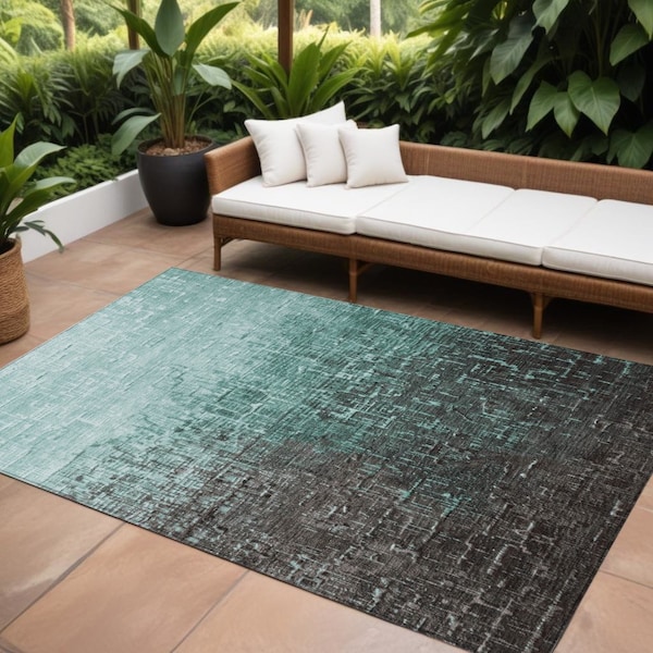 Homeroots 8' X 10' Teal Blue And Dark Gray Ombre Washable Indoor Outdoor Area Rug 602902 - main