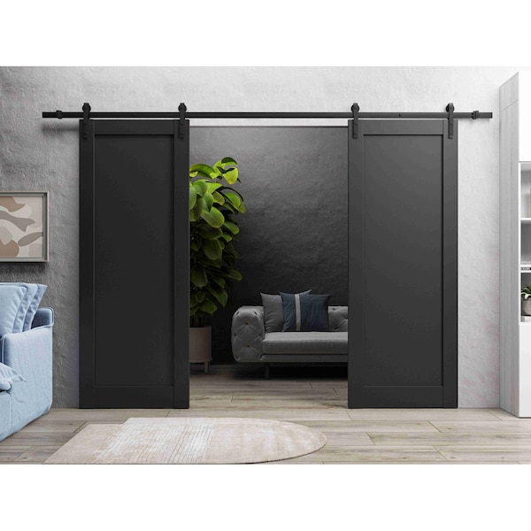 Sartodoors Sturdy Double Barn Door 36 x 80in, Quadro 4111 Matte Black, 13FT Rail Hangers Heavy Set QUADRO4111DB-BLK-36 - main
