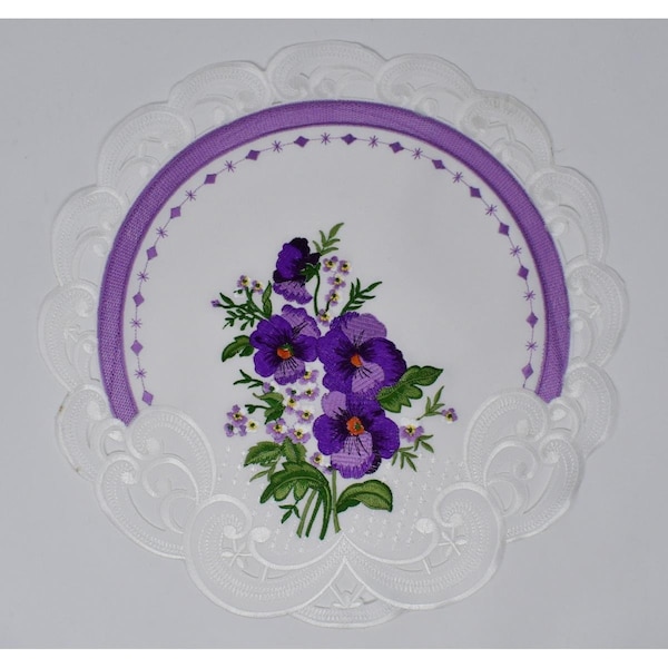 Sinobrite 8 in. Purple Pansy on Cream Fabric Doily H0010-008 - main