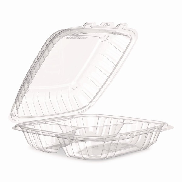 Dart Microwaveable Hinged Containers, ProPlanet Seal, 3 Compartments, 9 x 8.75 x 3, Clear, Plastic, 150PK 90PPHT3 - main