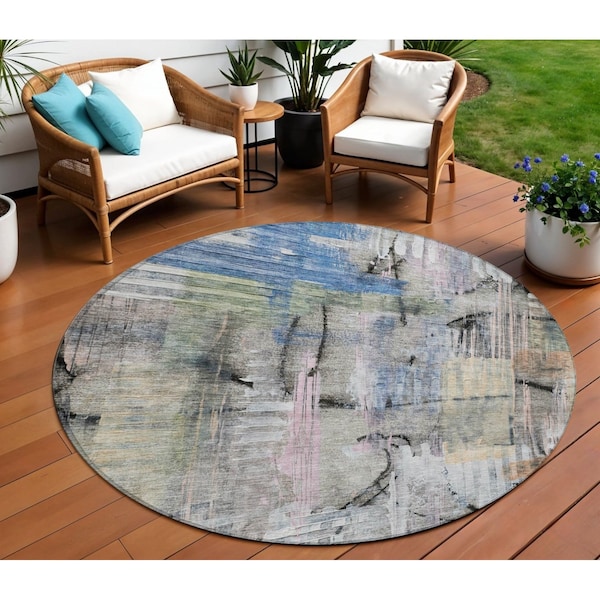 Homeroots 8' Blue Black And Copper Round Abstract Washable Indoor Outdoor Area Rug 630947 - main