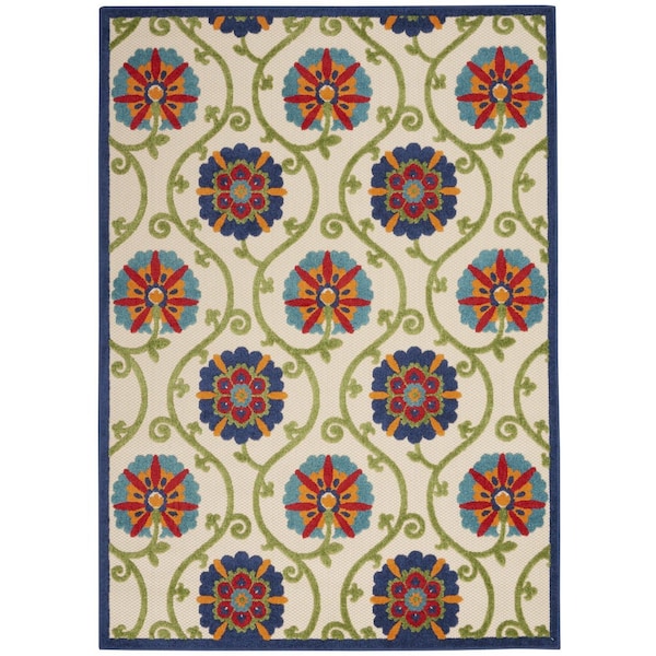 Homeroots 6' X 9' Navy Blue Beige Green Blue And Red Floral Indoor Outdoor Area Rug 546802 - main