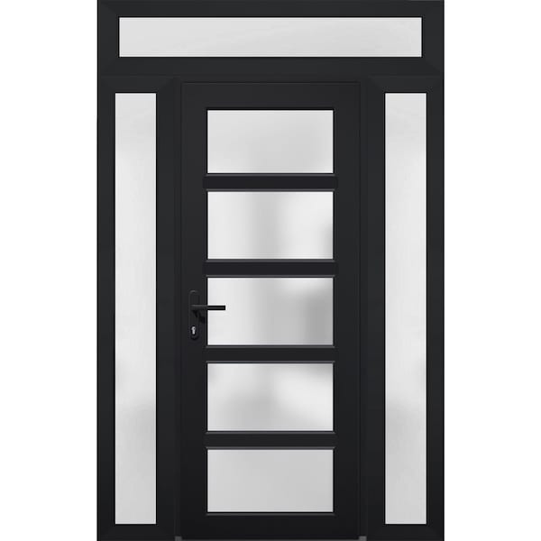 Vdomdoors Front Exterior Prehung FiberGlass Door Frosted Glass / Manux 8002 Matte Black / 2 Sidelight and Tra MANUX8002EXD-BLK-W14+30+14 x H80+14-RH - main
