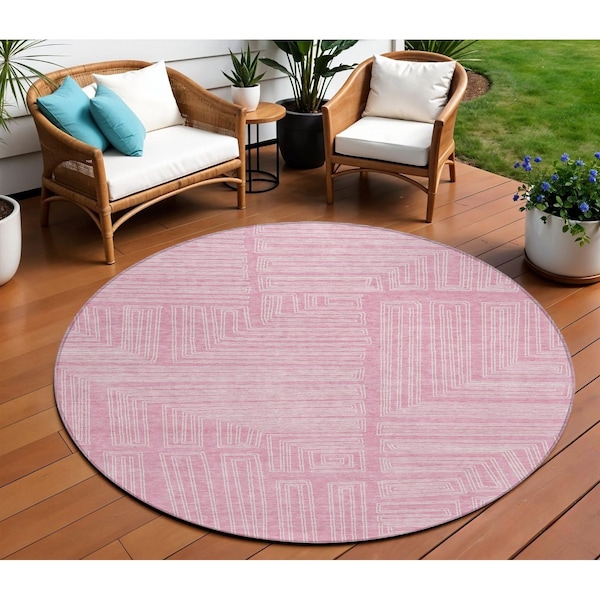 Homeroots 8' Pink And Ivory Round Geometric Washable Indoor Outdoor Area Rug 600848 - main