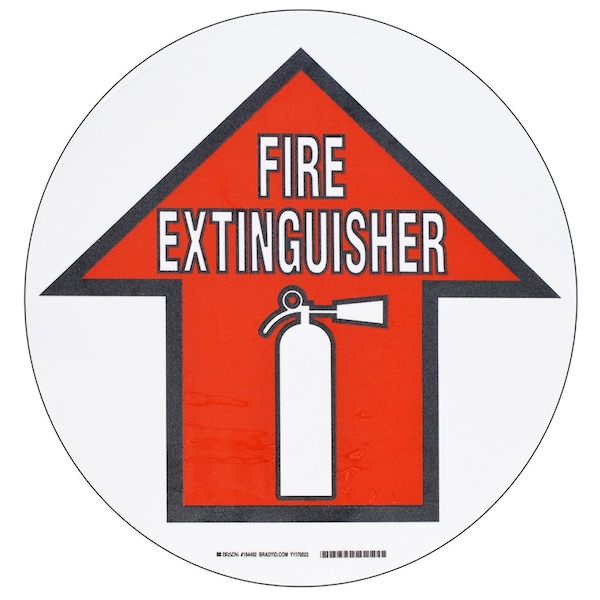 Brady Fire Extinguisher Up Arrow Sign, 17in Dia x 0.011in D, Black/Red on White, Polyester 104492 - main