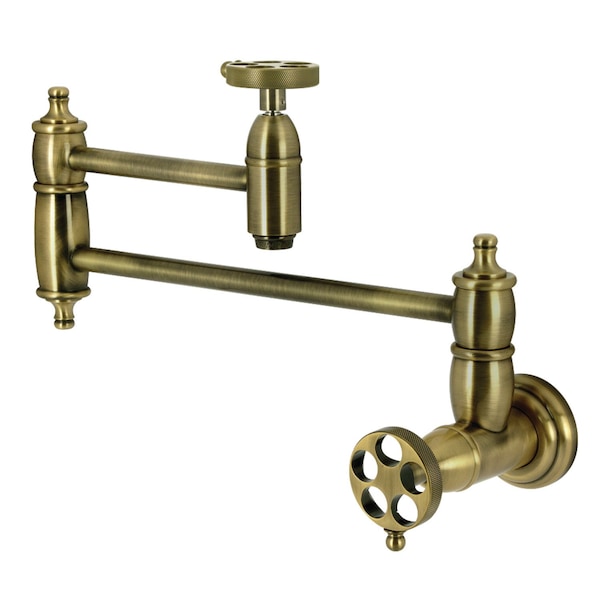 Kingston Brass Wall Mount Pot Filler Faucet with Knurled Handle, Antique Brass KS3103RKZ - main