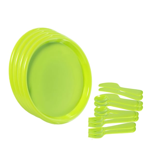 Basicwise Reusable Cutlery Set of 4 Plastic Plates, Spoons, Forks and Knives for Baby and Toddlers, Green QI003831.GN - main