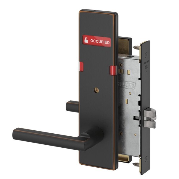 Schlage Grade 1 Bed Bathroom Privacy Mortise Lock, Latitude Lever, N Escutcheon, Indicator displays with Te L9040 LATN 643E OS-OCC - main