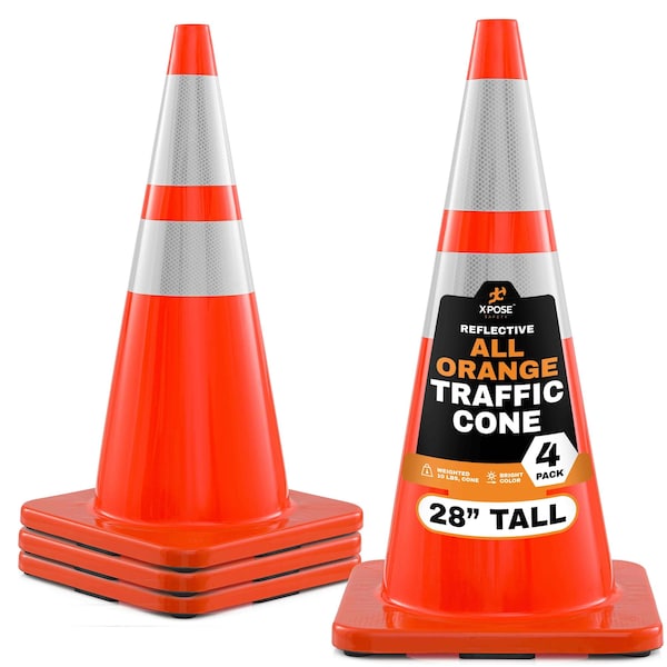 Xpose Safety 28 Inch Orange Traffic Cones Heavy Duty 10lb with 6in and 4in Collars, DOT Approved, 4PK AOTC28-64-10L-4-X-S - main