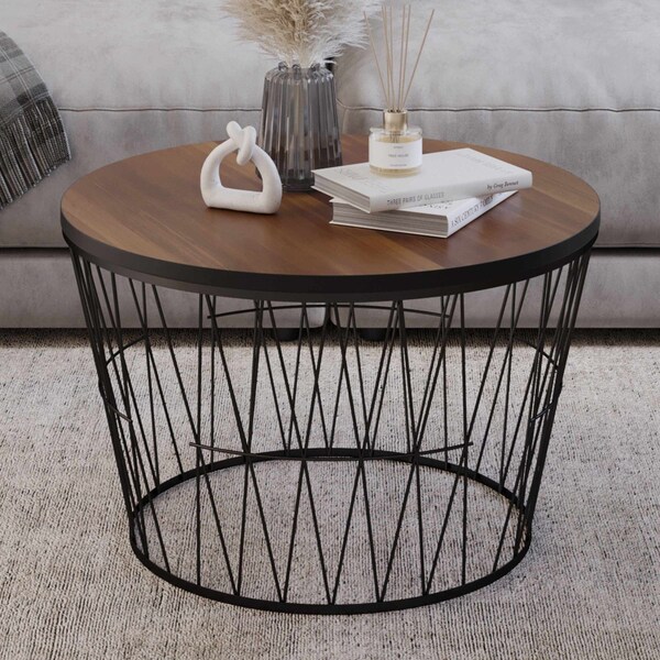 Lavish Home Round Coffee Table with Geometric Metal Base Small Modern Accent Furniture for Living Room 80-COFF-GEO-WAL - main