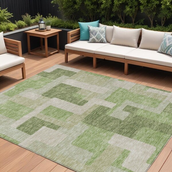 Homeroots 9' X 12' Green Sage And Beige Geometric Washable Indoor Outdoor Area Rug 613209 - main