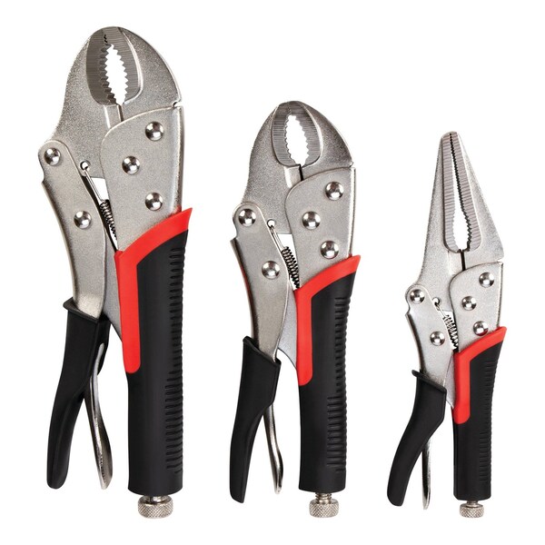 Performance Tool 3 pc. Locking Plier Set, Curved Jaw, Long Nose, Ergonomic Grips W30713 - main