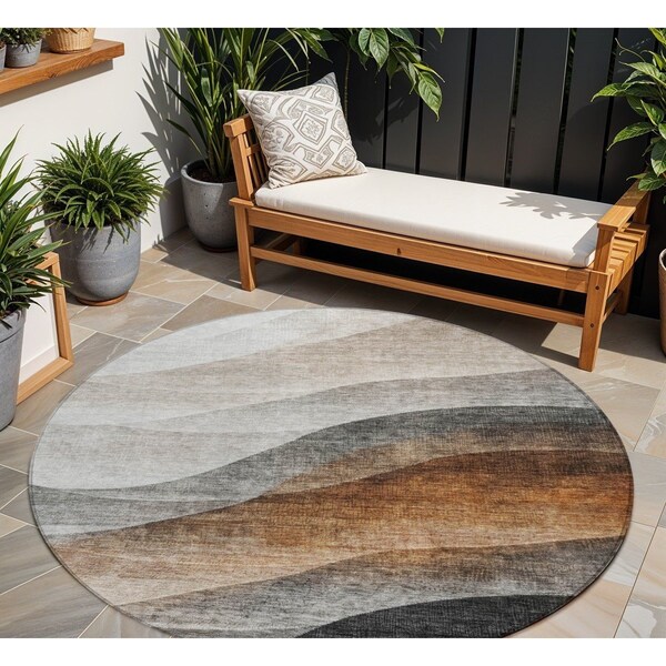 Homeroots 8' Khaki Black And Terra Cotta Round Abstract Washable Indoor Outdoor Area Rug 605827 - main