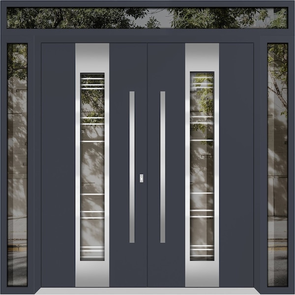 Vdomdoors Metal Double Doors Deux 1744 Natural Oak Frosted Glass 2 Sidelights and Top Transom Entry Modern Pa DEUX1744DEXD-OAKB-W12+72+12xH96+14-RH-I - main