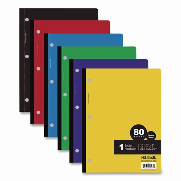 Bazic Products Wireless Notebooks, 1-Subject, Medium/College Rule, Random Cover Color, (80) 10.5 x 7.5 Sheets BAZ581 - main