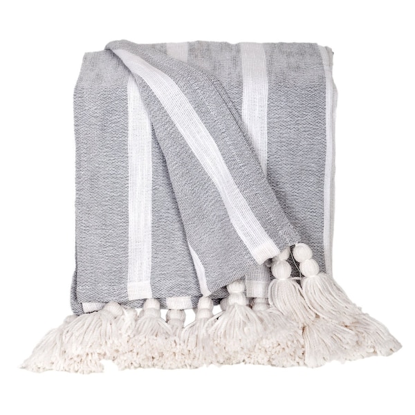 Homeroots 50" X 60" Gray and White Woven Cotton Striped Throw Blanket with Tassels 548928 - main