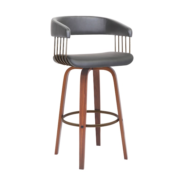 Armen Living Topanga 26in Swivel Walnut Wood Counter Stool in Gray Faux Leather with Golden Bronze Metal LCTOBAWAGRY26 - main