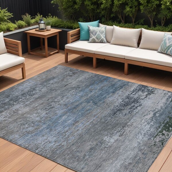Homeroots 8' X 10' Pewter Navy Blue And Charcoal Abstract Washable Indoor Outdoor Area Rug 630846 - main