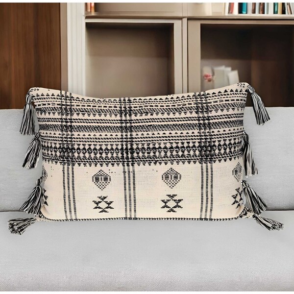 Homeroots 14" X 20" Beige and Black Southwestern Cotton Throw Pillow With Tassels 529232 - main