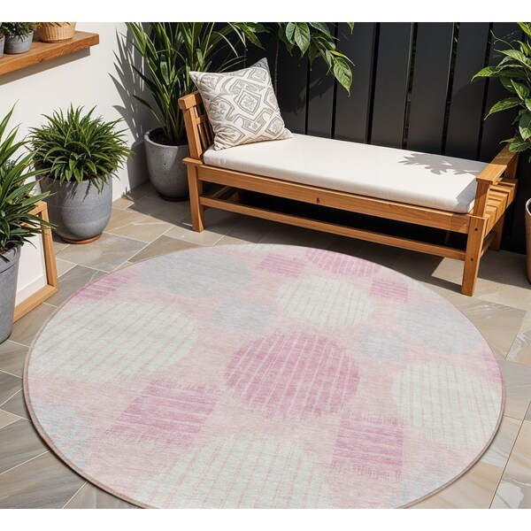 Homeroots 8' Pink Gray And Ivory Round Geometric Washable Indoor Outdoor Area Rug 593614 - main
